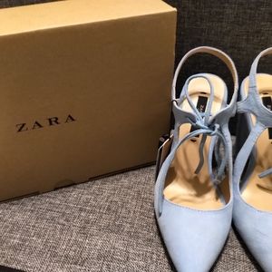 Zara Sky Blue Leather/Suede Heels with Bow